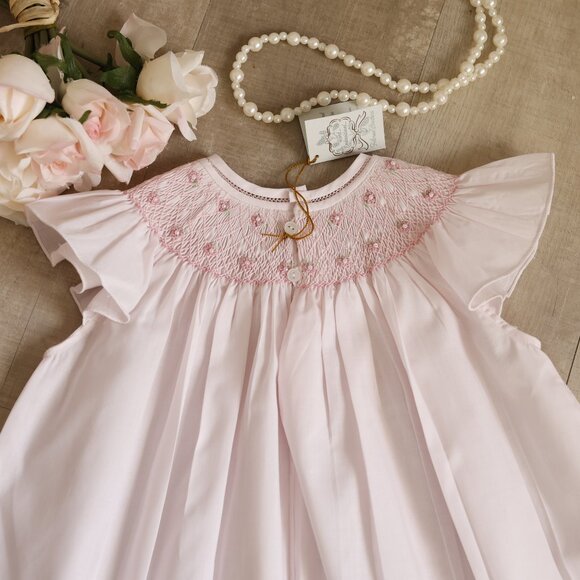 Pink Smocked Dress Pearl Flower Fly Sleeve Bishop Feltman Brothers NWT - Picture 4 of 5